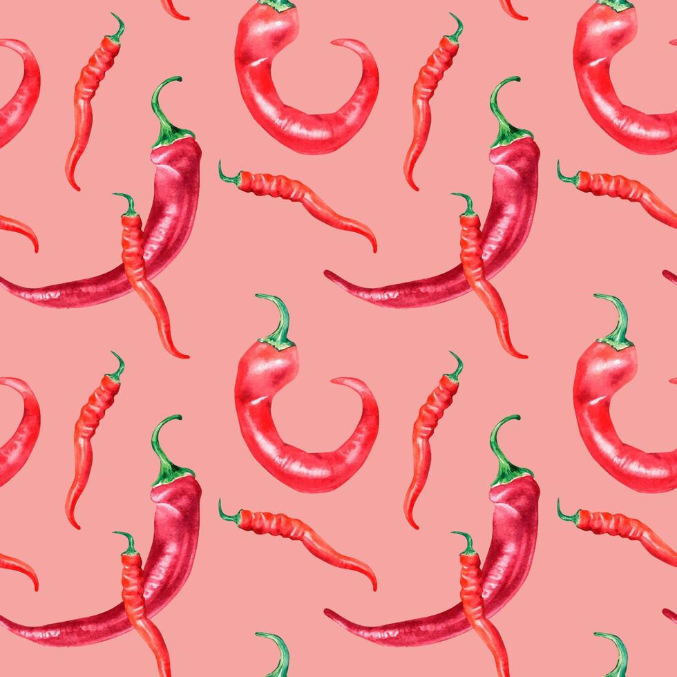 rosso chili caldo peperoni acquerello senza soluzione di continuità modello isolato su rosa sfondo. vettore