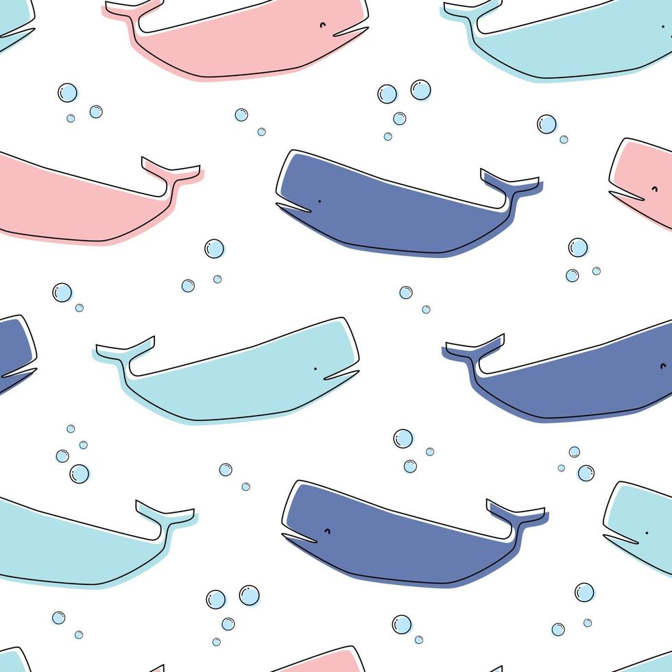 modello senza cuciture di doodle del fumetto subacqueo carino balena colorata vettore