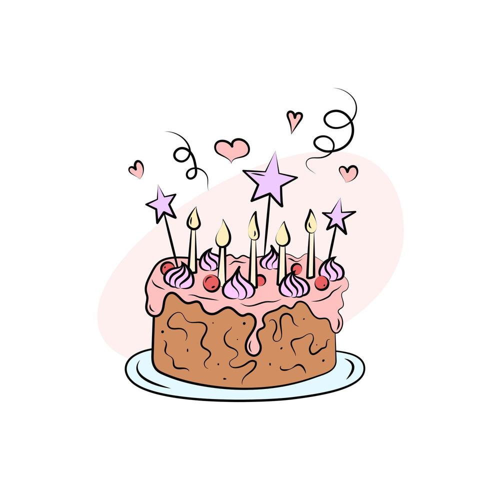 carino compleanno torta isolato. vettore mano disegnato ragazzo compleanno torta. illustrazione di colorato schema dolce con cinque candele e crema