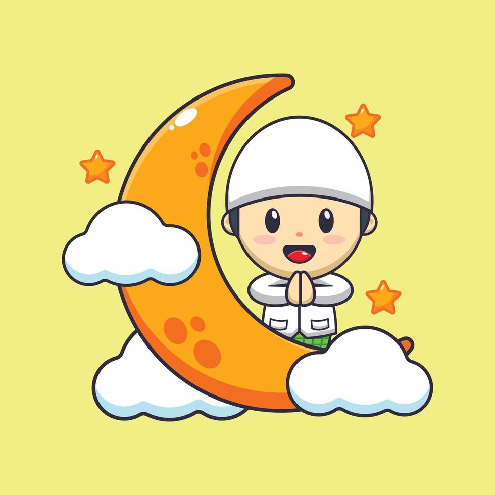 carino ragazzo con Luna nel Ramadan. Ramadan cartone animato portafortuna vettore illustrazione.