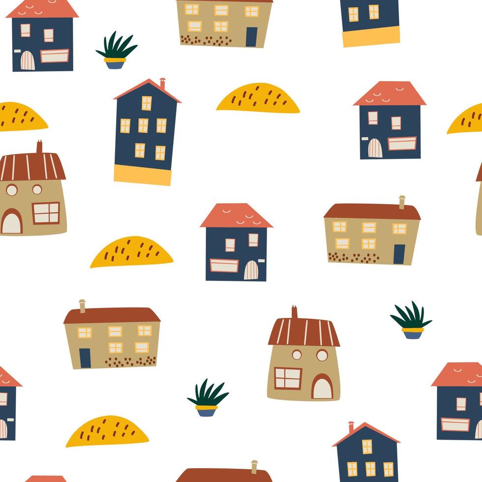 case senza soluzione di continuità modello. astratto sfondo con diverso case con mano disegnato textures e forme. creativo bambini città per tessuto, tessile, sfondo, involucro carta design. vettore illustrazione