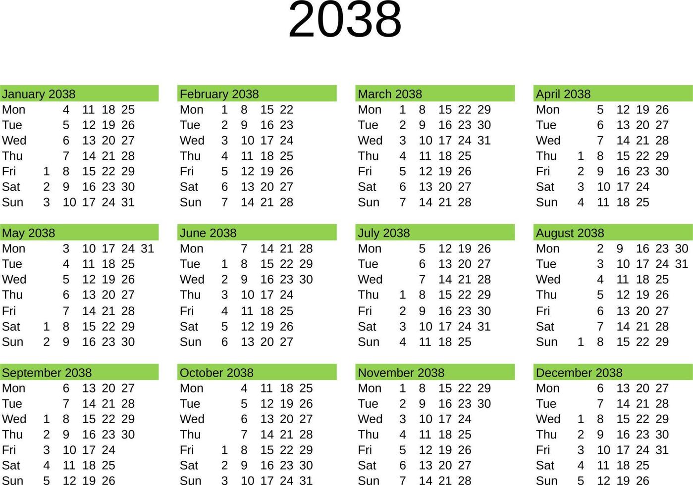 anno 2038 calendario nel inglese vettore