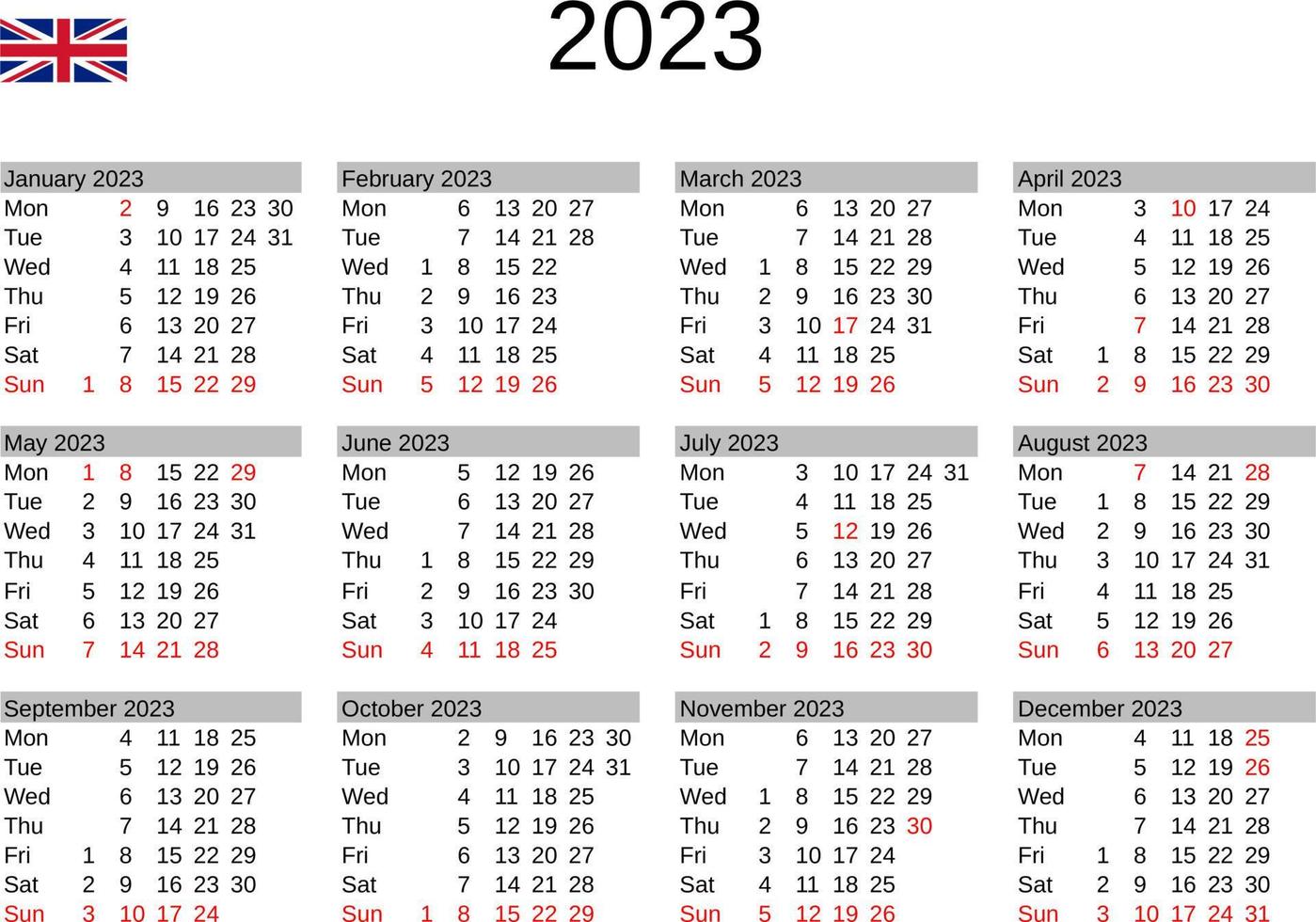 anno 2023 calendario nel inglese con unito regno vacanze vettore