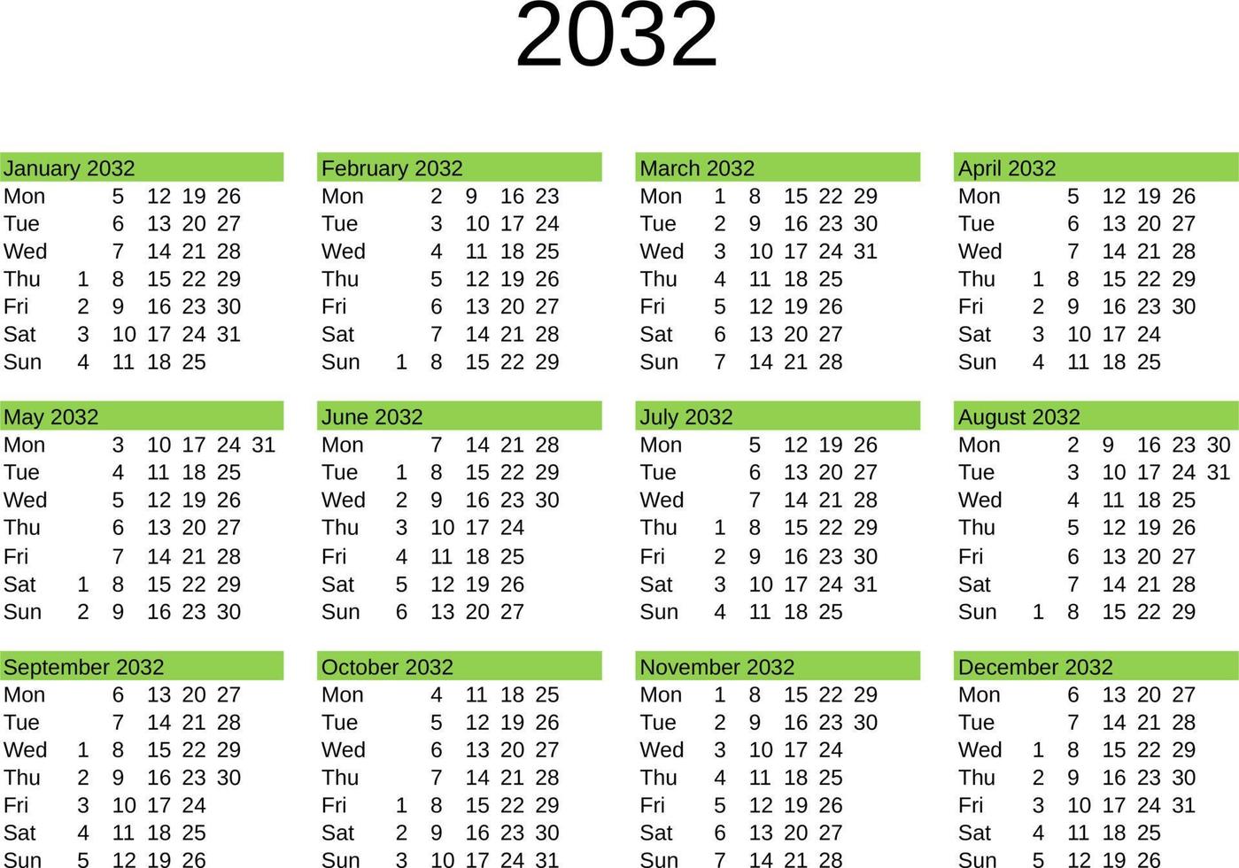 anno 2032 calendario nel inglese vettore