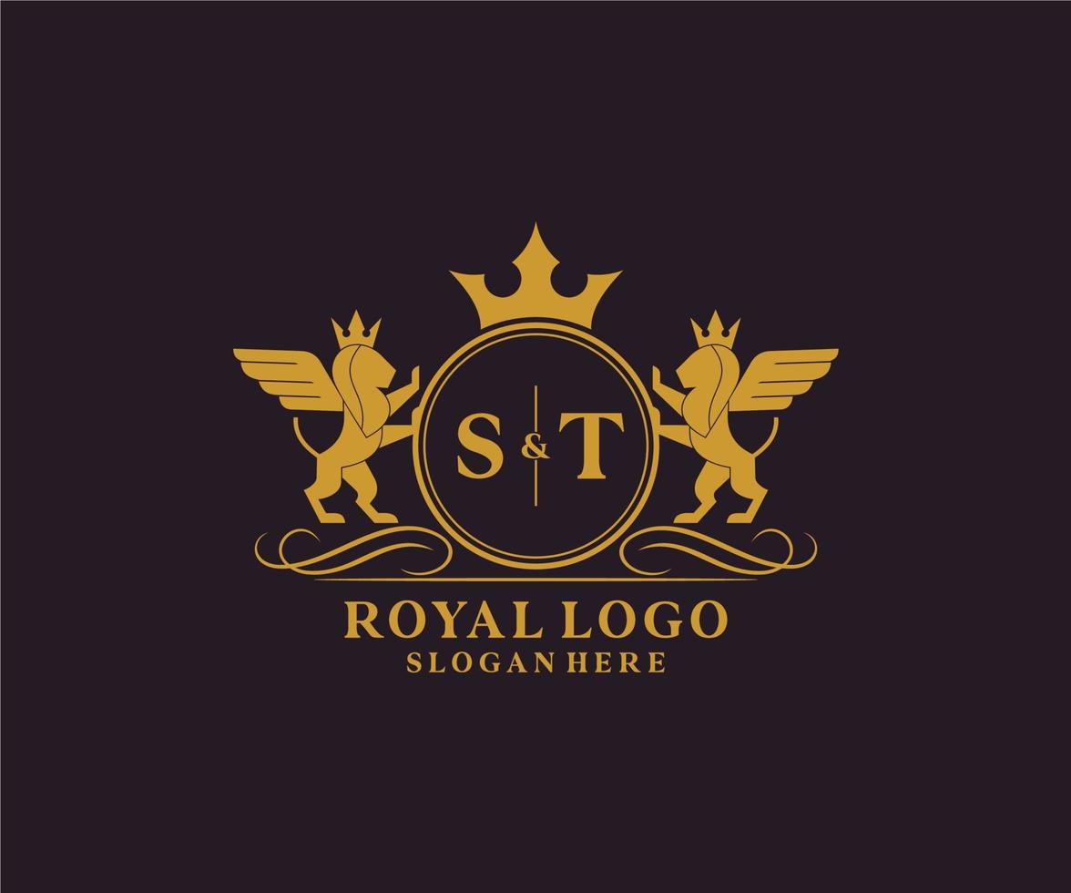 iniziale st lettera Leone reale lusso stemma araldico logo modello nel vettore arte per ristorante, regalità, boutique, bar, Hotel, araldico, gioielleria, moda e altro vettore illustrazione.