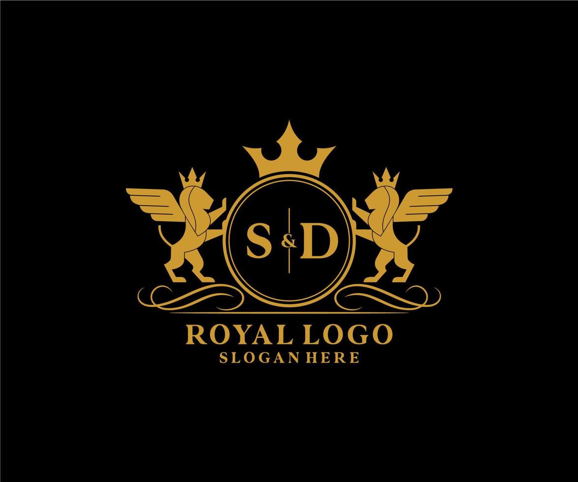 iniziale sd lettera Leone reale lusso stemma araldico logo modello nel vettore arte per ristorante, regalità, boutique, bar, Hotel, araldico, gioielleria, moda e altro vettore illustrazione.