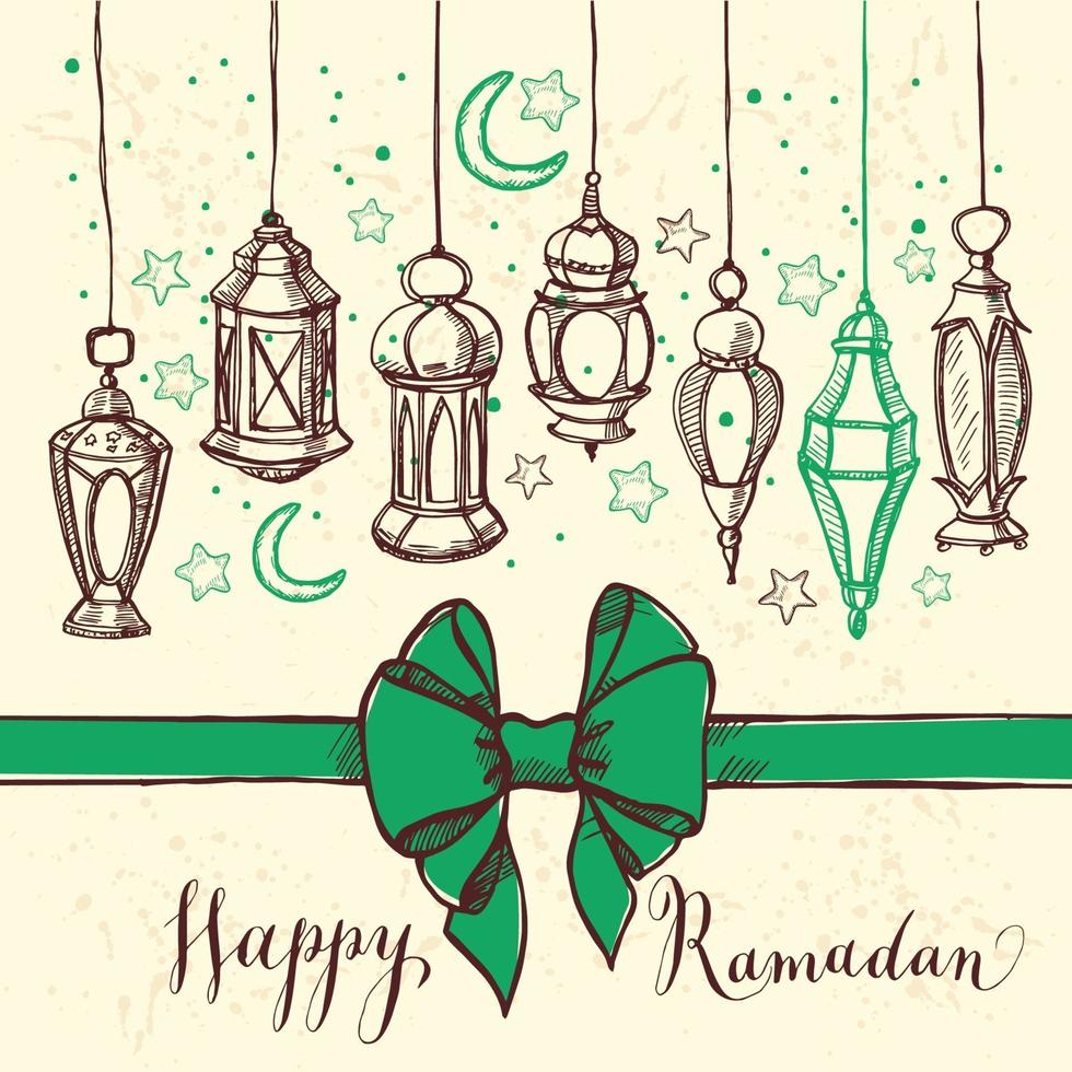 illustrazione di ramadan kareem con lanterna e fiocco. stile disegnato a mano. vettore