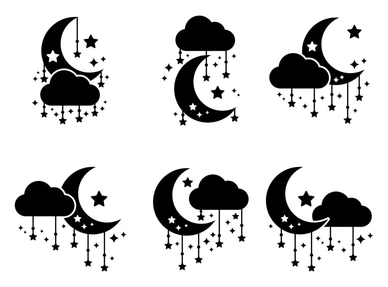 Luna nube stelle scintillante notte icona impostato silhouette vettore illustrazione design modello ornamento