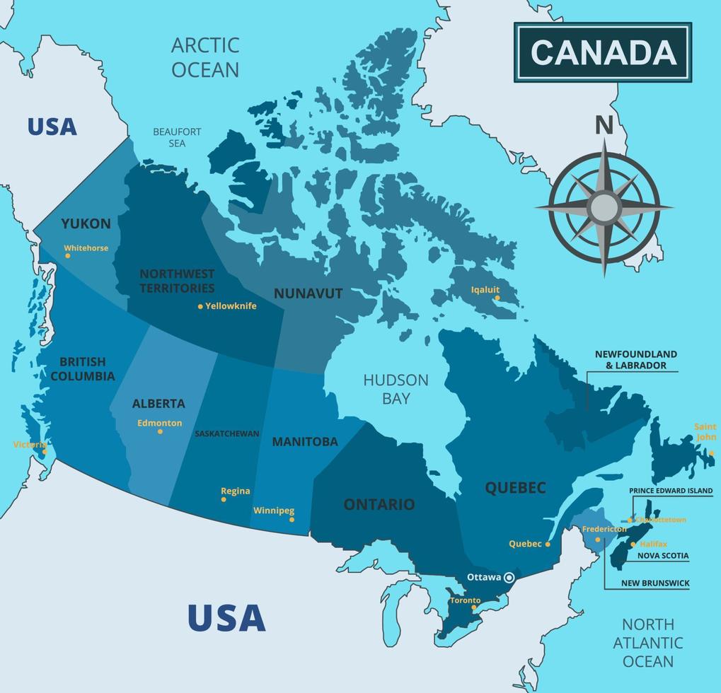 carta geografica di Canada con regione nomi vettore