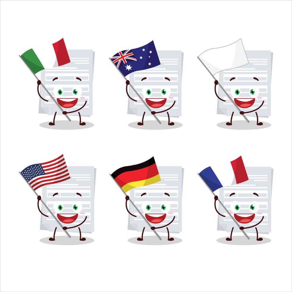 imposta pagamento cartone animato personaggio portare il bandiere di vario paesi vettore