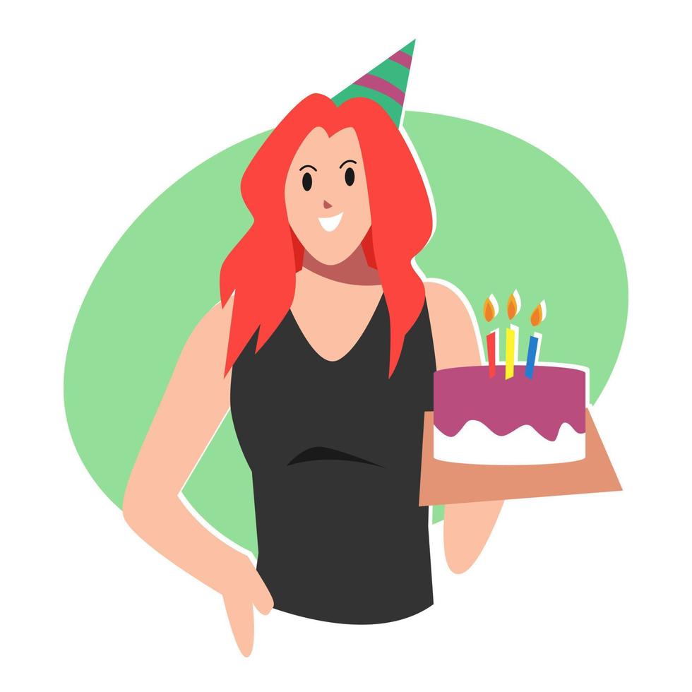 femmina cartone animato personaggio nel festa cappello Tenere compleanno torta. concetto di celebrazione, compleanno, festa. per saluto carta, Stampa, manifesto, etichetta. piatto vettore illustrazione.