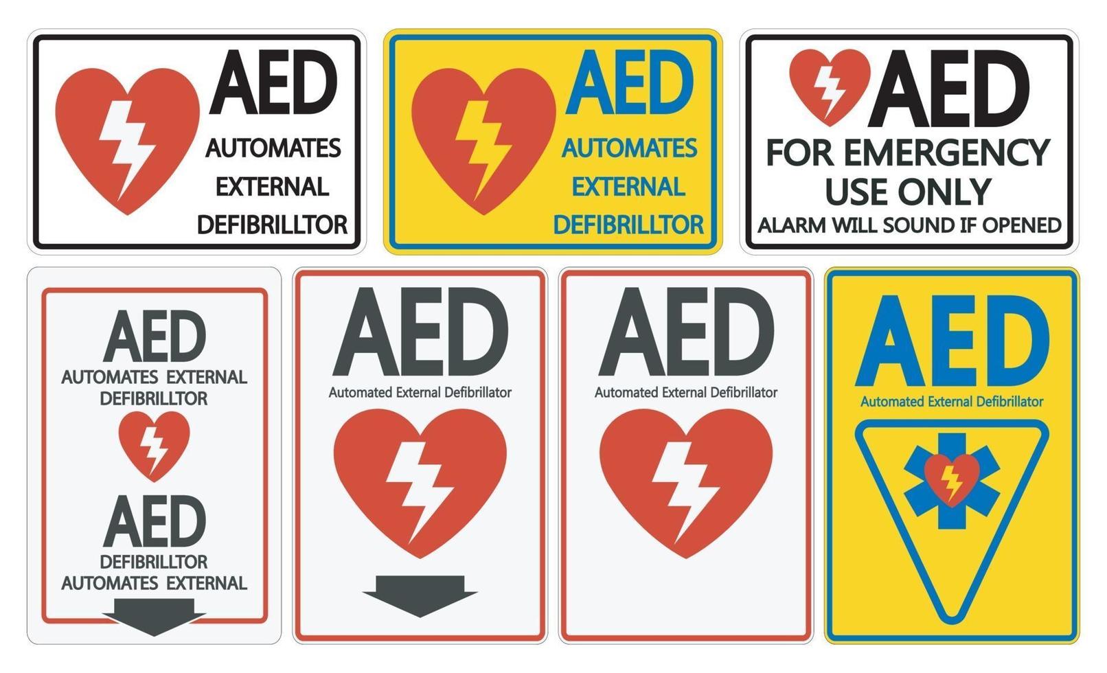 impostare l'etichetta del segno AED simbolo su sfondo bianco vettore