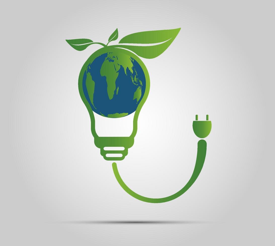 concetto di ecologia, il mondo è nel verde della lampadina a risparmio energetico, illustrazione vettoriale