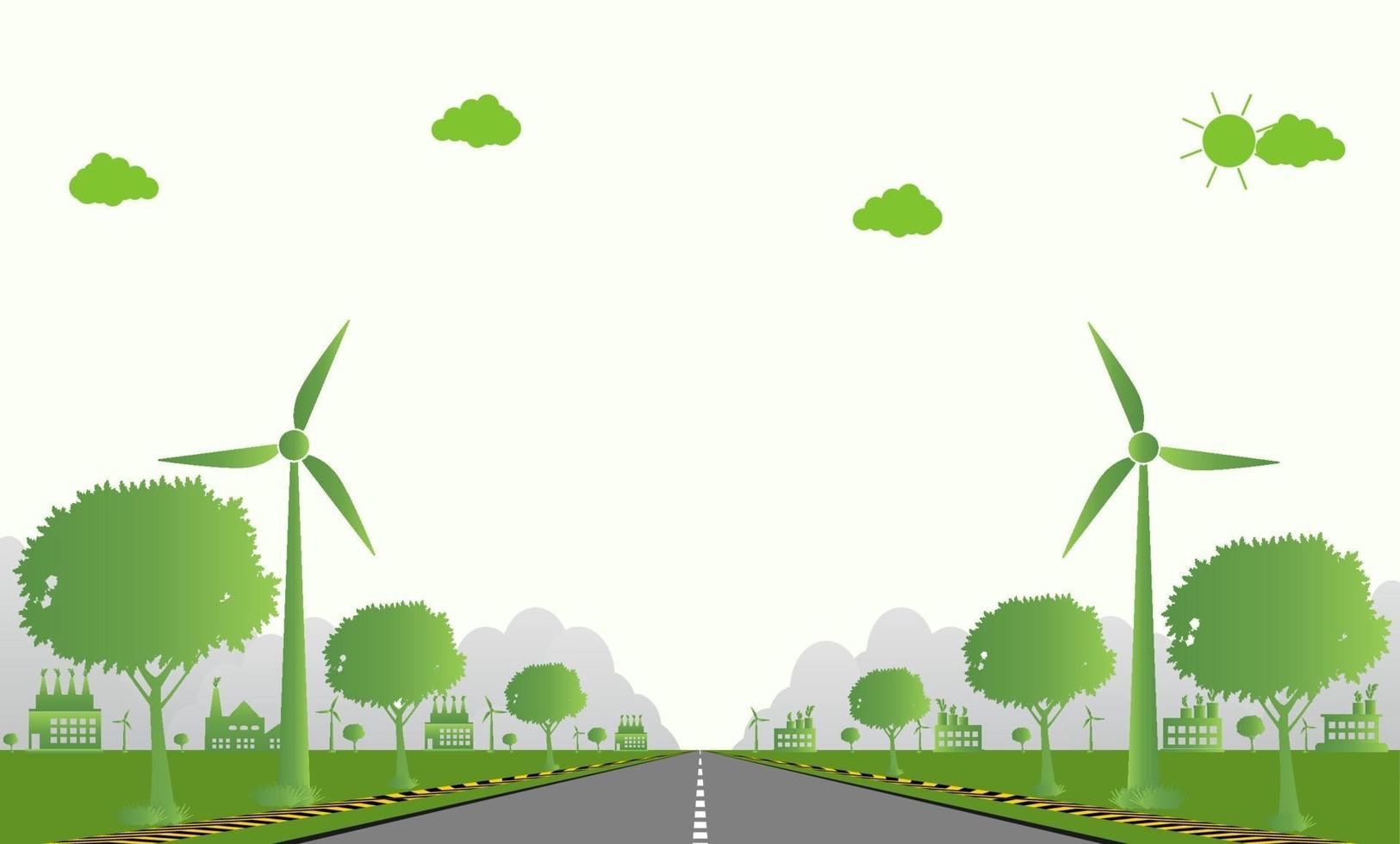 ecologia di fabbrica, icona dell'industria, turbine eoliche con alberi ed energia pulita del sole con idee di concetto ecologico su strada. illustrazione di vettore