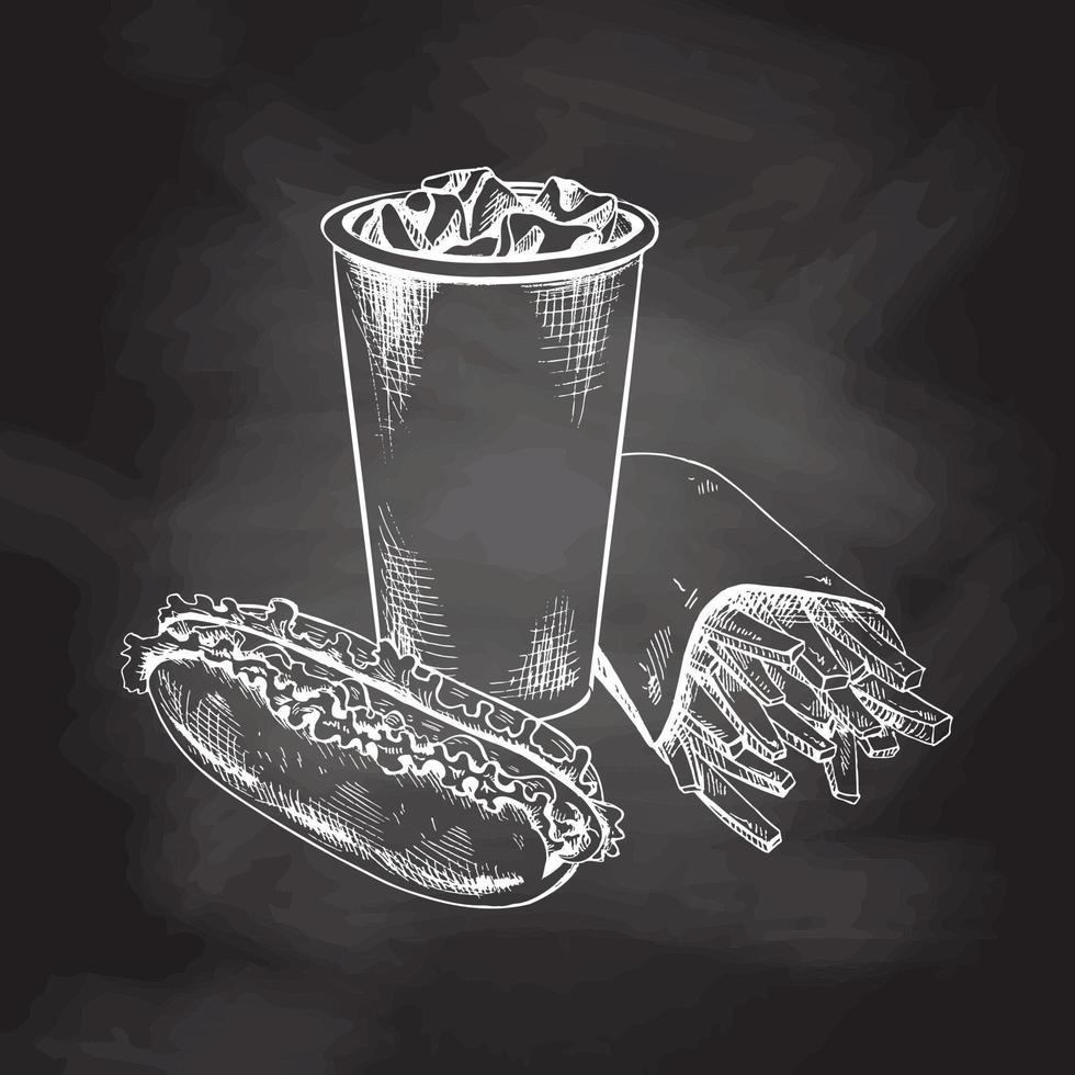 disegnato a mano bianca schizzo di francese patatine fritte nel un' scatola di cartone scatola, caldo cane e carta tazza di Coca Cola con ghiaccio isolato su gesso sfondo. monocromatico Rifiuto cibo Vintage ▾ illustrazione. grande per menù, manifesto vettore