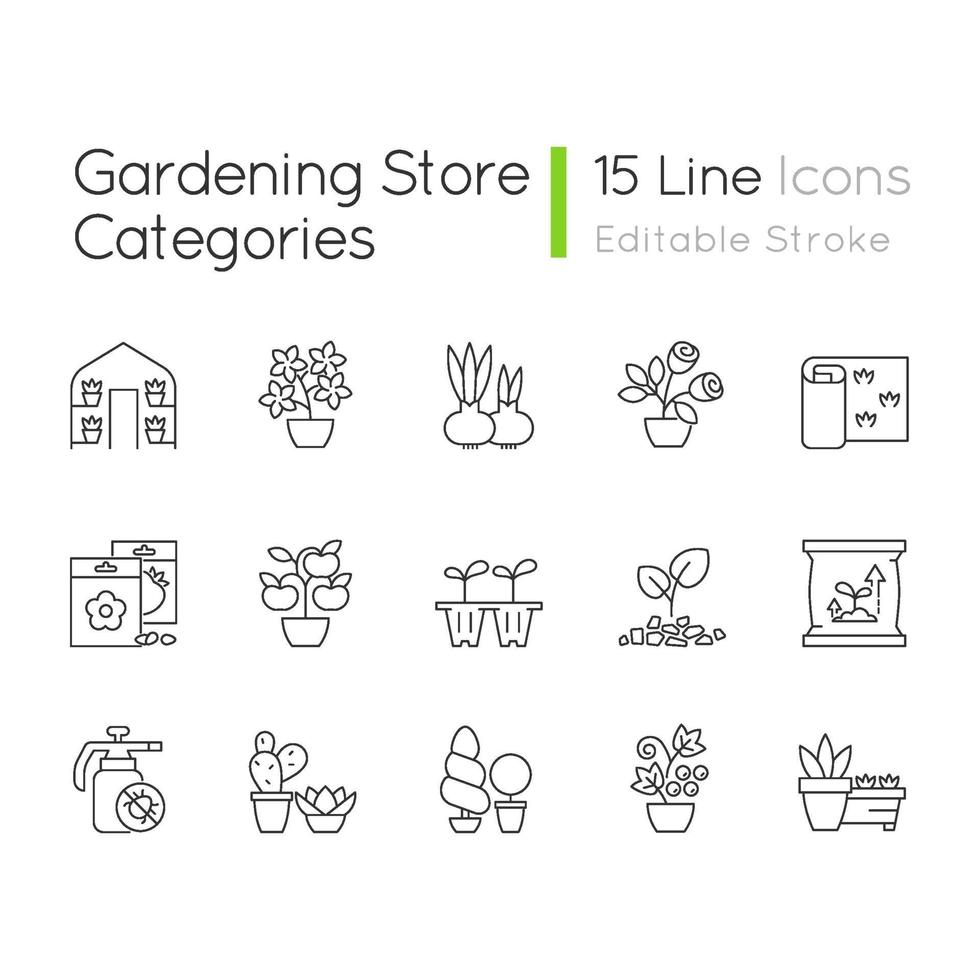 set di icone lineari di categorie di negozio di giardinaggio vettore