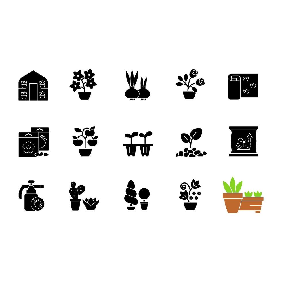 categorie di negozi di giardinaggio icone glifo nere impostate su uno spazio bianco vettore