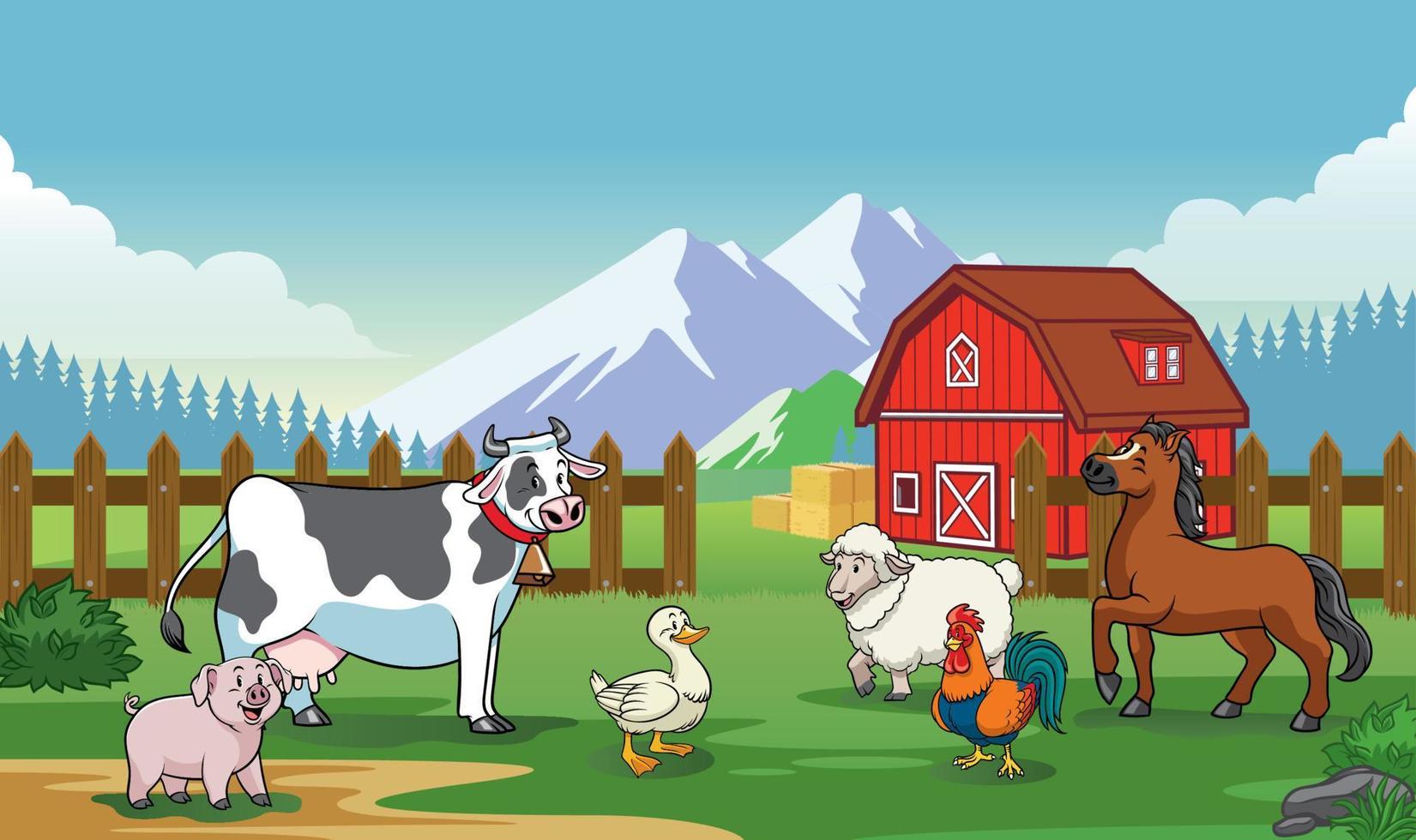animali azienda agricola con cartone animato stile vettore