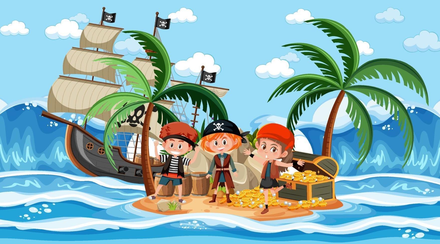 scena dell'isola del tesoro durante il giorno con bambini pirata vettore