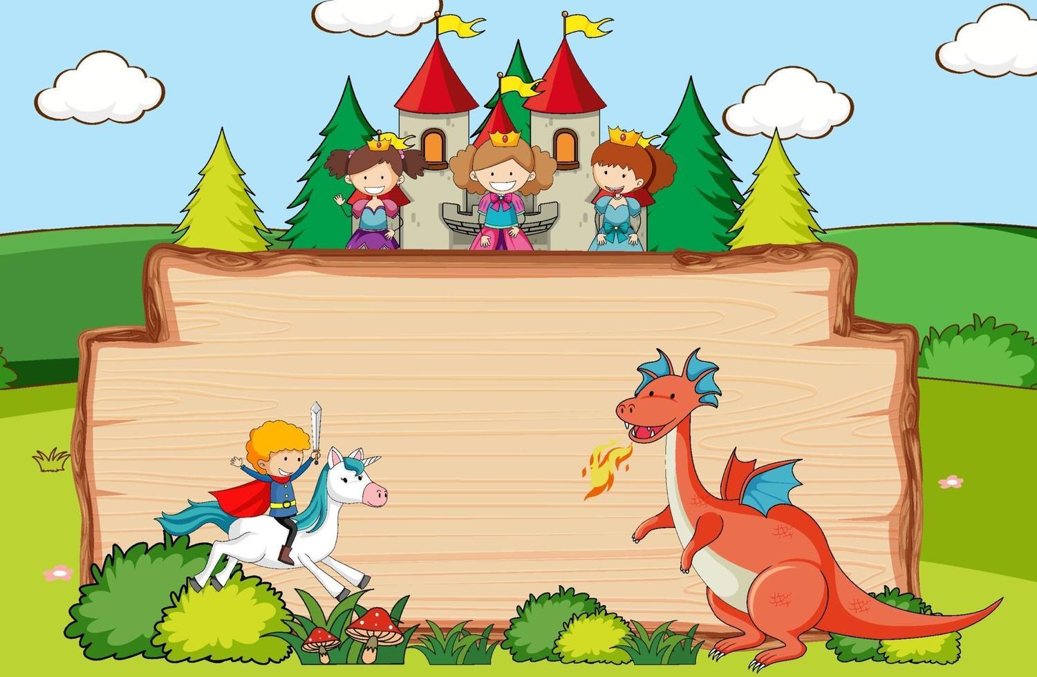 bandiera di legno vuota nella scena della foresta con il personaggio dei cartoni animati di fiaba e gli elementi vettore