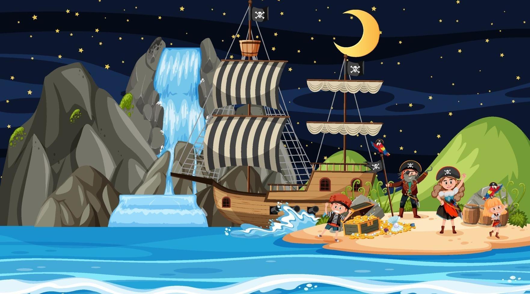 scena dell'isola del tesoro di notte con bambini pirata vettore