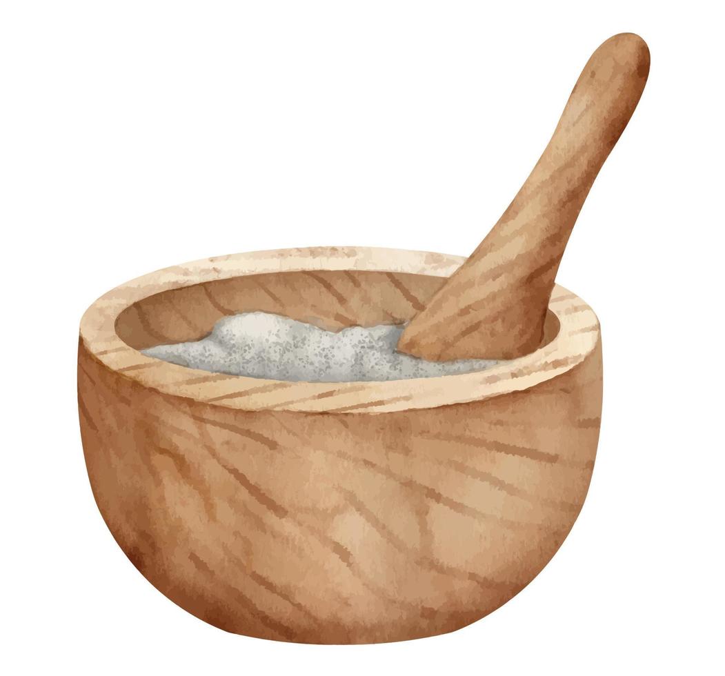 di legno mortaio e pestello. acquerello mano disegnato illustrazione di ciotola per terme terapia e alternativa medicina design su isolato sfondo. disegno di tradizionale oggetto per alchimia o aroma terapia vettore