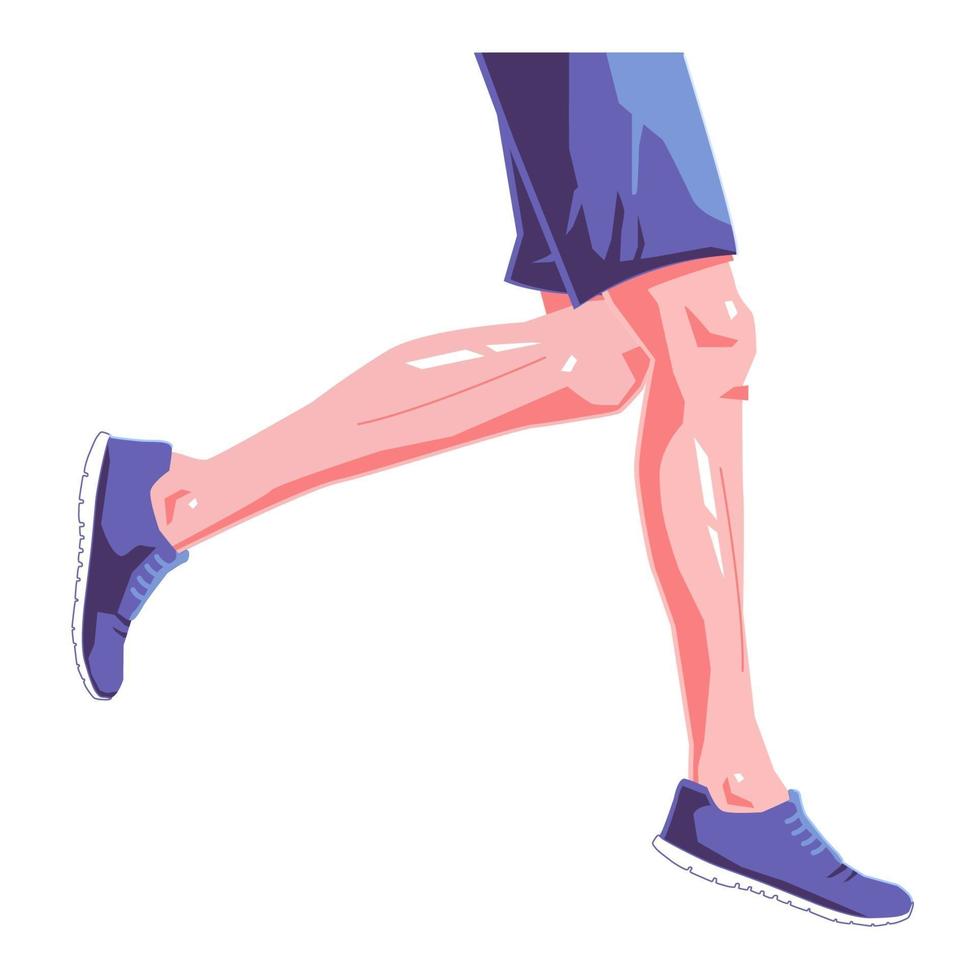 illustrazione piana delle gambe del corridore su fondo bianco isolato. scarpe da ginnastica e vestiti blu. concetto di design grafico vettoriale. vettore