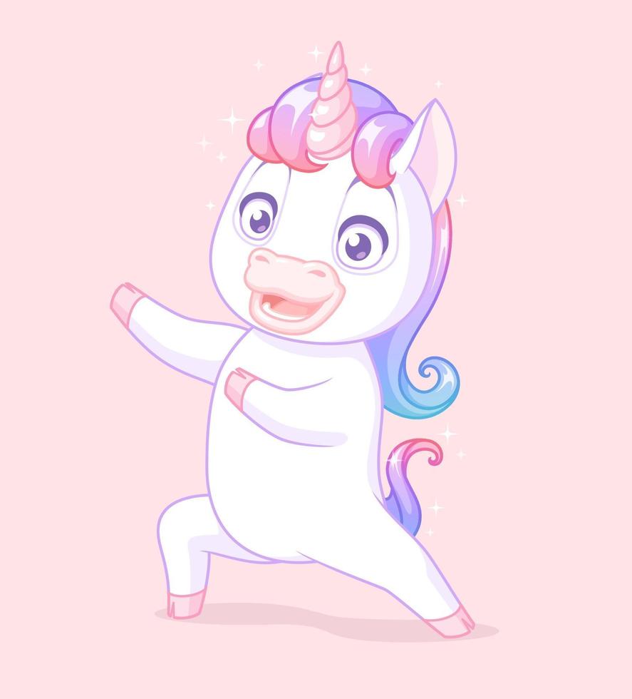 presentazione di unicorno carino bambino bianco. personaggio dei cartoni animati di vettore isolato su sfondo rosa.