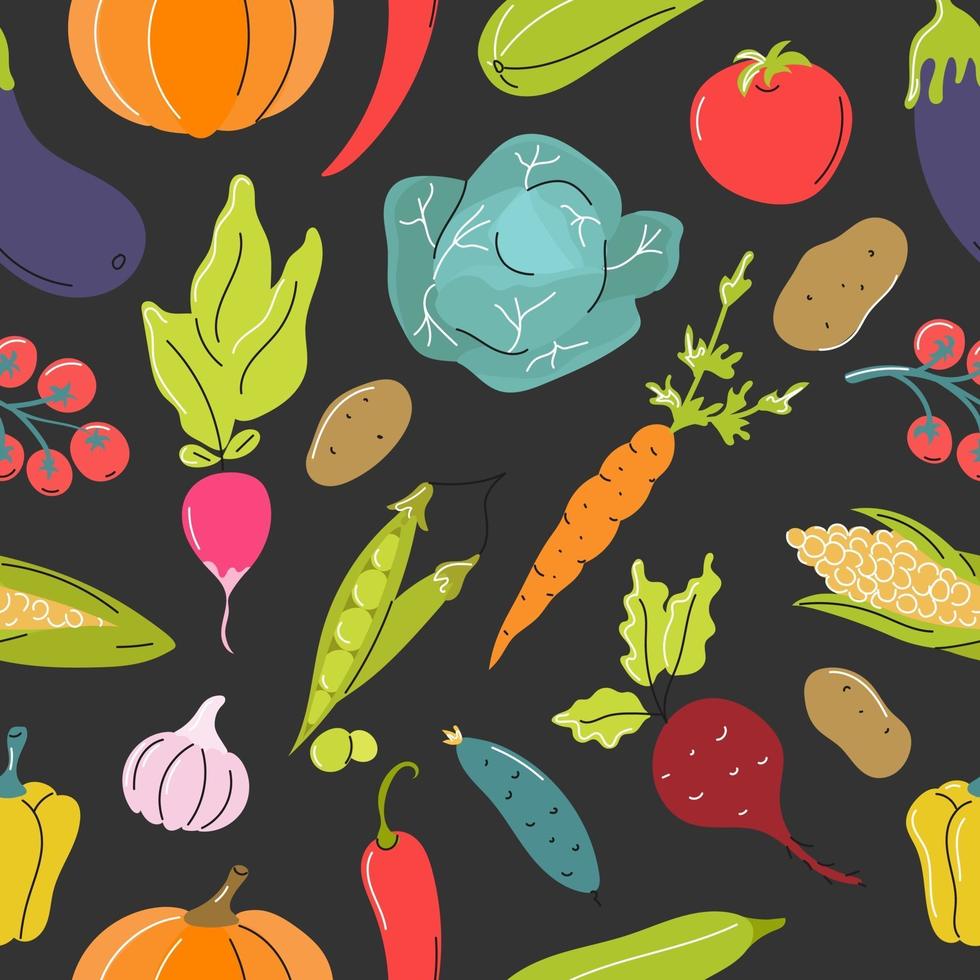 verdure crude, cavoli, carote, pomodori, barbabietole su uno sfondo grigio scuro. Vector seamless pattern in stile piatto