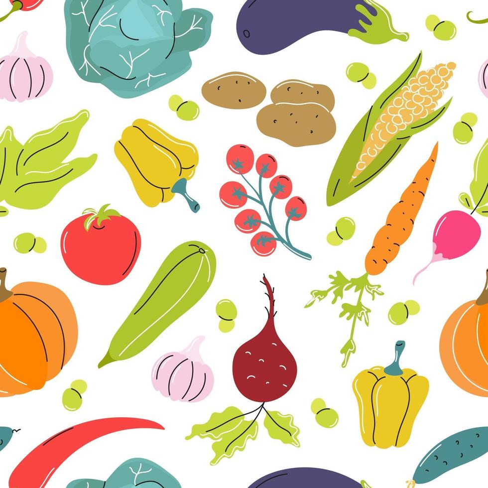 verdure crude, cavoli, carote, pomodori, barbabietole su uno sfondo bianco. Vector seamless pattern in stile piatto