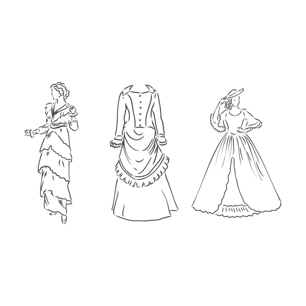 antica signora vestita. vecchia illustrazione vettoriale di moda. donna vittoriana in abito storico. disegno stilizzato vintage, stile retrò xilografia. abito retrò, disegno vettoriale su sfondo bianco