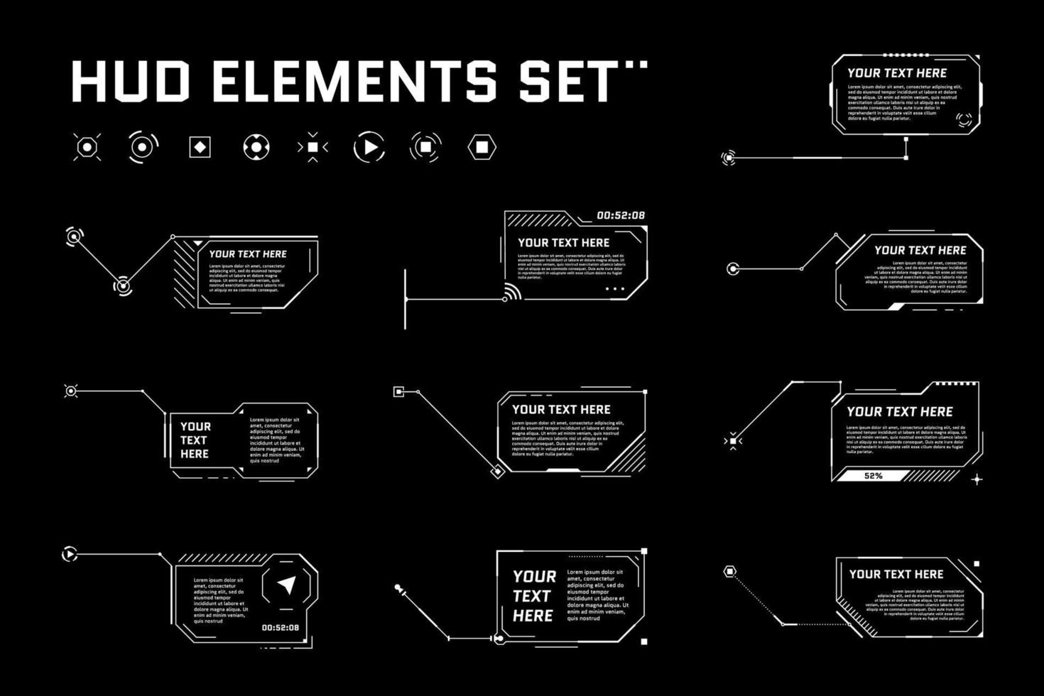 hud set di titoli di callout futuristici digitali. chiamare le etichette della barra dei fotogrammi di fantascienza. presentazione o infografica moderna modello di layout casella di informazioni digitali. interfaccia hud ui elemento di stile gui. illustrazione vettoriale