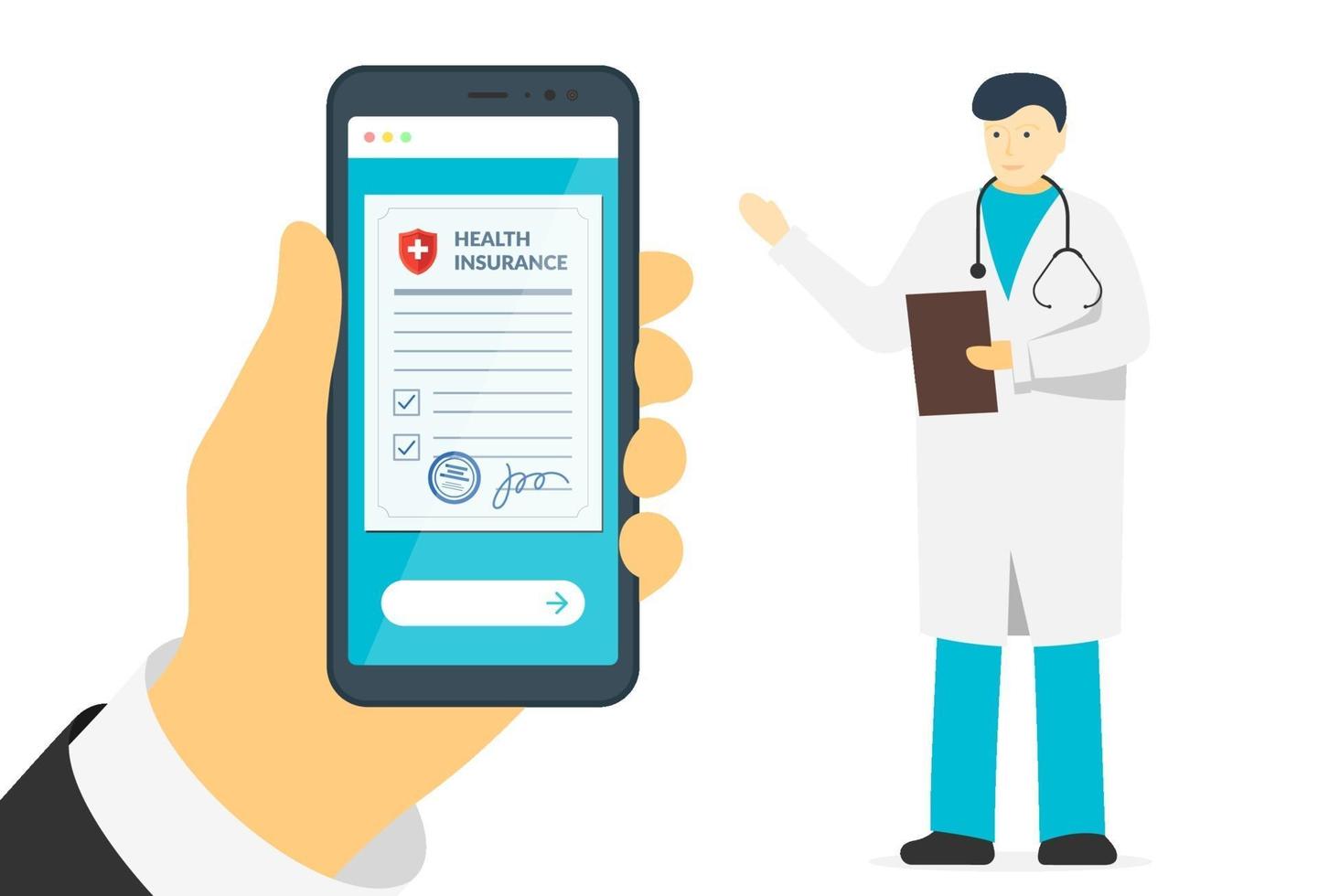 mano del paziente che tiene smartphone con modulo di polizza di assicurazione sanitaria e medico maschio. firma online il documento di protezione dell'accordo sullo schermo del cellulare. fare un contratto di vettore legale per la compensazione della medicina