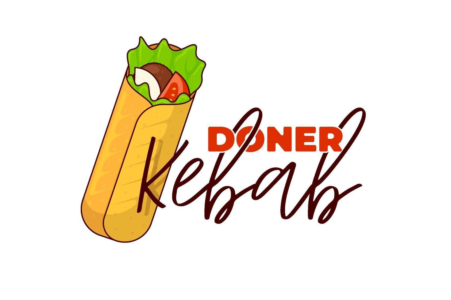 involtino di carne fast food di doner kebab con modello di progettazione di simbolo di pubblicità menu ristorante iscrizione. pasto shawarma tostato orientale arabo. shaurma o burrito emblema aziendale piatta illustrazione vettoriale