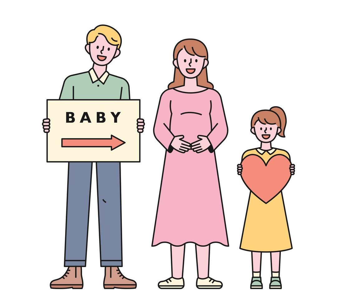 un padre che tiene un picchetto una madre incinta un bambino che tiene un cuore. illustrazione di vettore minimo di stile di design piatto.