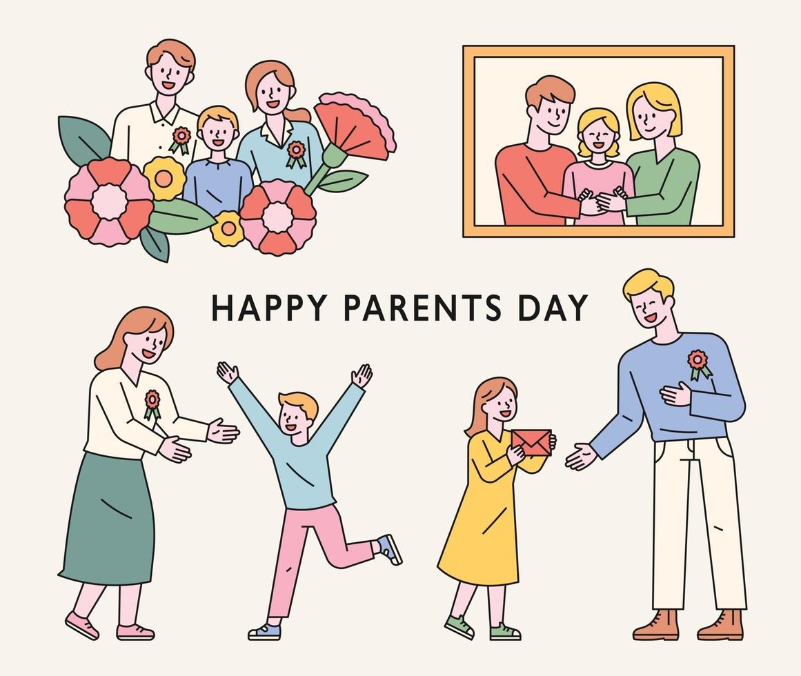 bambini che celebrano la giornata dei genitori. illustrazione di vettore minimo di stile di design piatto.