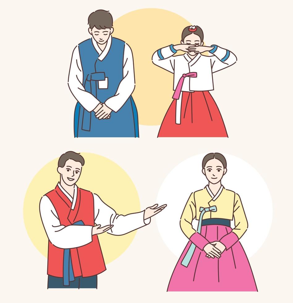 una coppia in costumi tradizionali coreani sta dicendo un saluto tradizionale. illustrazioni di disegno vettoriale stile disegnato a mano.