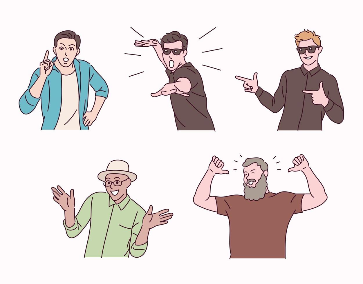 uomini con espressioni carine e attive. persone di vari gesti. illustrazioni di disegno vettoriale stile disegnato a mano.