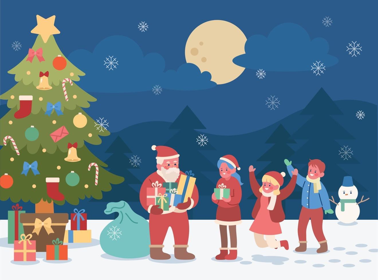 in una giornata nevosa, sotto il grande albero di natale, Babbo Natale distribuisce i regali ai bambini. illustrazioni di disegno vettoriale stile disegnato a mano.