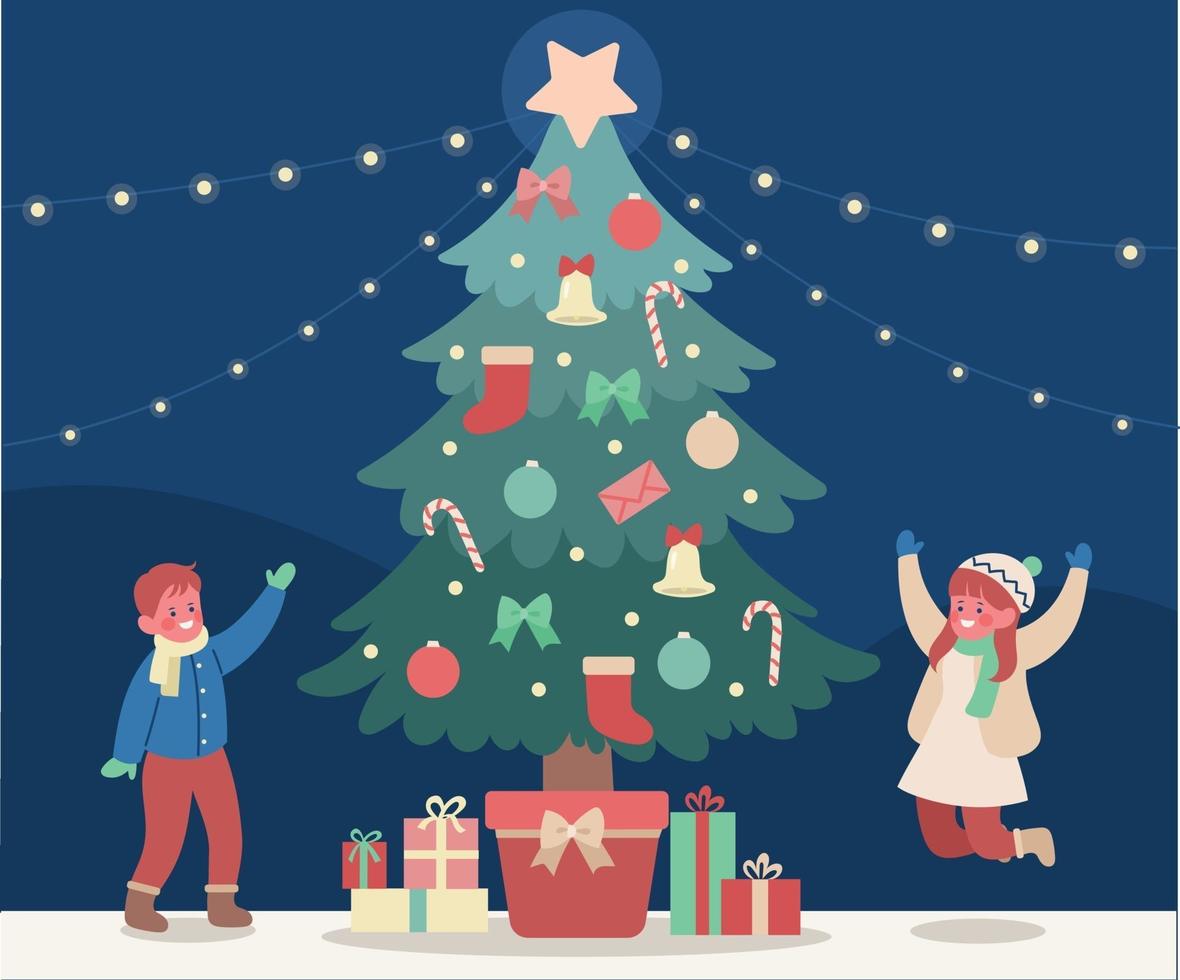 i bambini sono felicissimi di vedere le confezioni regalo attorno al grande albero di natale. illustrazioni di disegno vettoriale stile disegnato a mano.