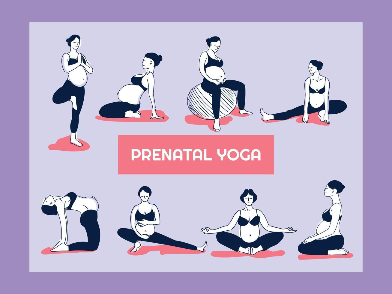 impostato di incinta donna fare yoga esercizio. fitness e sport durante gravidanza. salutare stile di vita e rilassamento. salutare donne con pancia fare yoga nel diverso pose. hatha asana complesso vettore