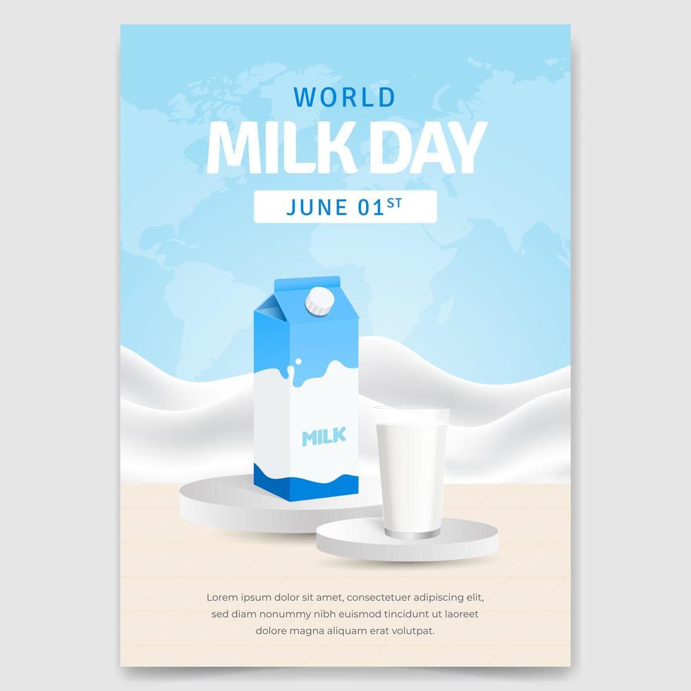 mondo latte giorno giugno 1 ° manifesto design con un' latte bicchiere e latte scatola su il podio illustrazione vettore