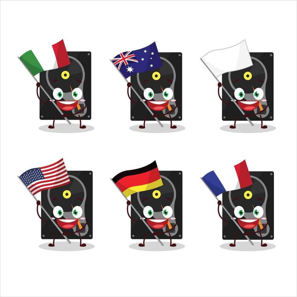 hardisk cartone animato personaggio portare il bandiere di vario paesi vettore