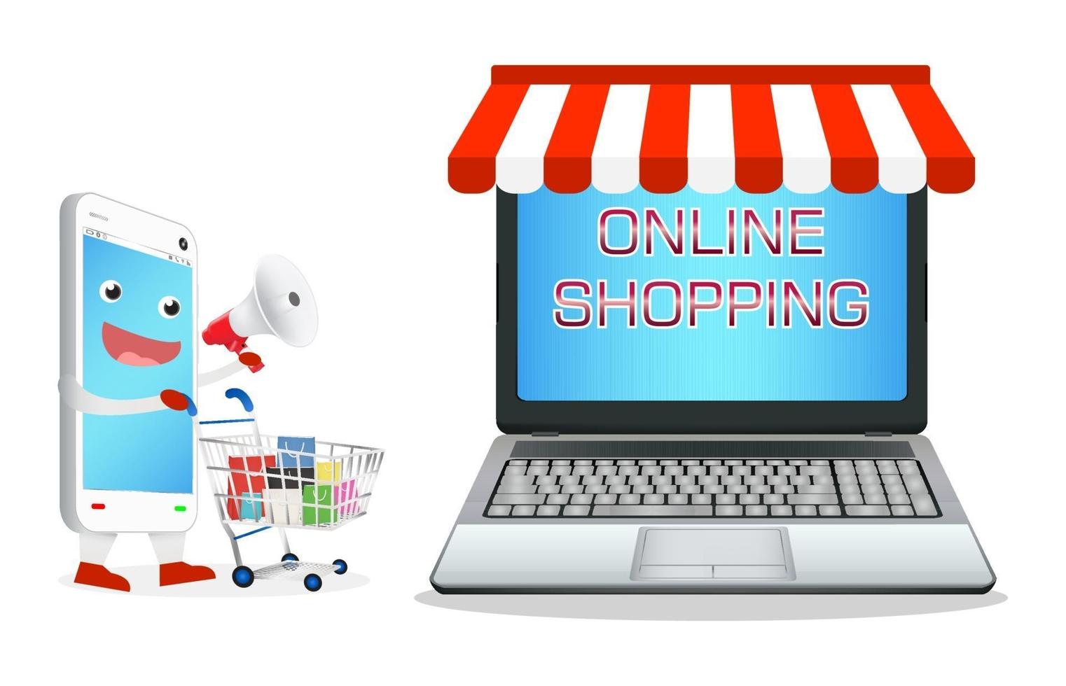 cartone animato di smartphone shopping al negozio online di laptop vettore