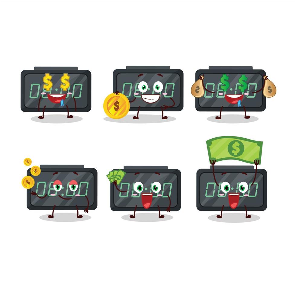 digitale allarme orologio cartone animato personaggio con carino emoticon portare i soldi vettore