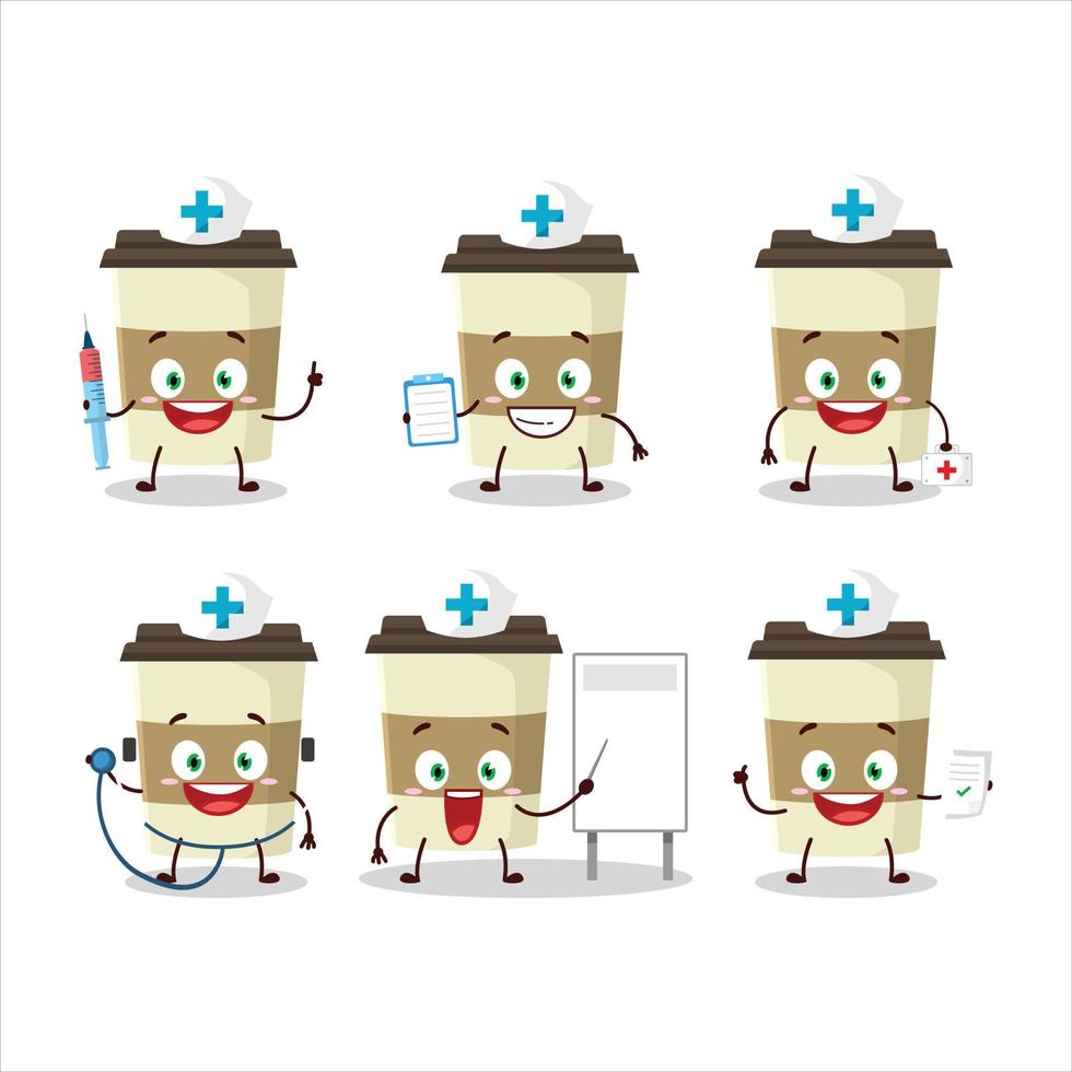 medico professione emoticon con caffè tazza cartone animato personaggio vettore