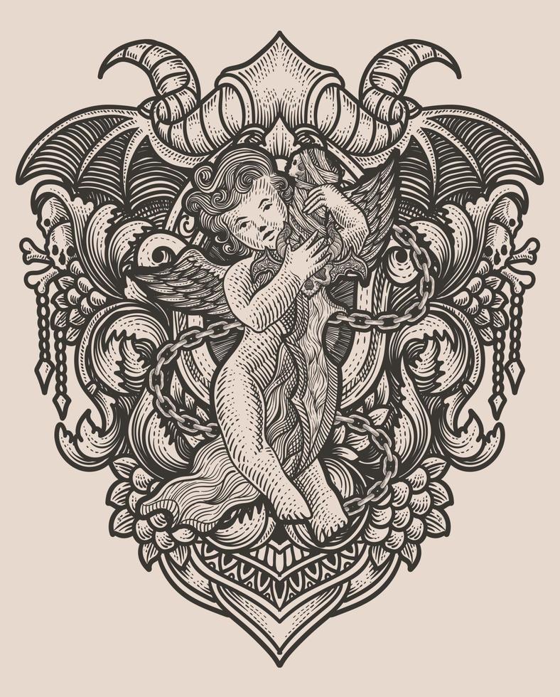 illustrazione Cupido angelo Tenere coltello con Vintage ▾ incisione ornamento su il indietro Perfetto per il tuo attività commerciale e merce vettore