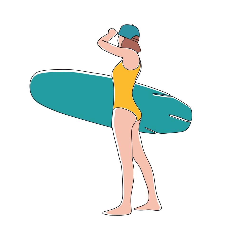 continuo linea disegno di un' surfer ragazza con un' tavola da surf, uno linea disegno di un' surfer ragazza. vettore illustrazione