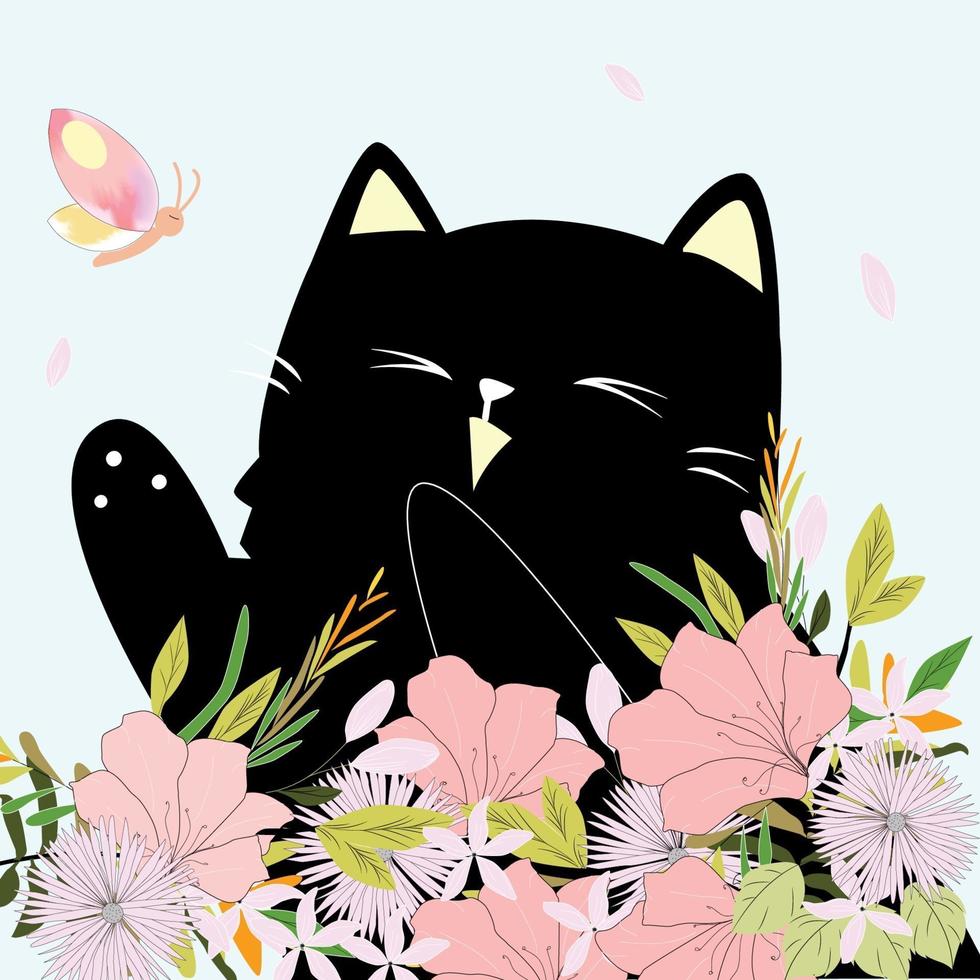 simpatico gatto nel giardino fiorito con farfalla vettore