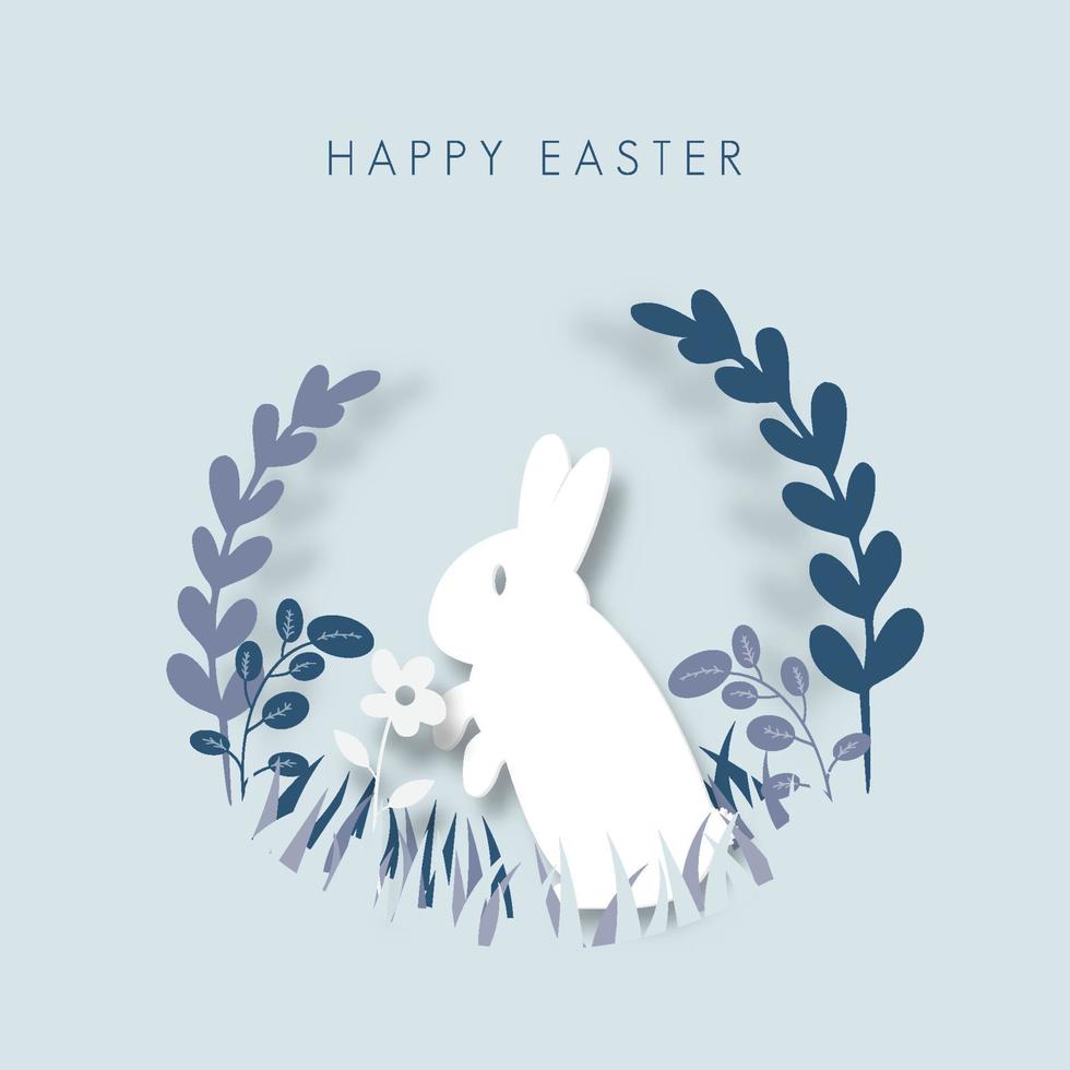 modello di biglietto di auguri di buona pasqua. illustrazione del taglio della carta di coniglio di pasqua, erba, fiori e forma di uovo blu. vettore